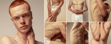 Gri stüdyo arka planında çıplak poz veren çilli genç kızıl saçlı mankenin resimleriyle kolaj. Erkek sağlığı, güzellik, moda, vücut ve cilt bakımı, fitness, reklam