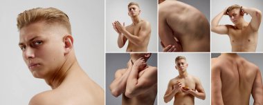 Sarışın manken resimleriyle kolaj, erkek vücudu gri stüdyo arka planında çıplak poz veriyor. Erkek sağlığı, güzellik, moda, vücut ve cilt bakımı, spor, erkeklik, reklam