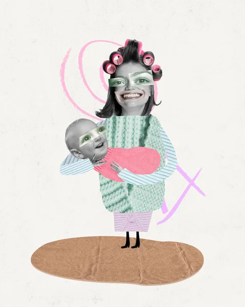 Anneler Sever Mutlu Bir Kadınla Çağdaş Sanat Kolajı Küçük Bebeğini — Stok fotoğraf