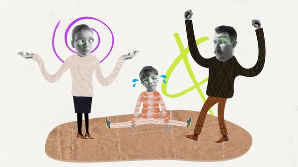Παιδικό Ξέσπασμα Σύγχρονη Τέχνη Κολάζ Αστεία Οικογένεια Κλάμα Αγόρι Πατέρας — Φωτογραφία Αρχείου