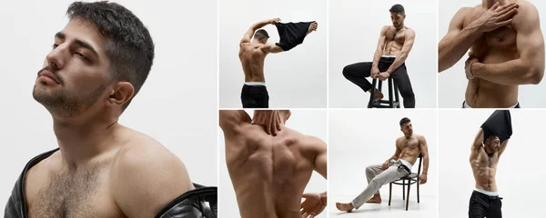 Collage Mit Attraktivem Muskulösem Gutaussehendem Männlichen Modell Oben Ohne Das — Stockfoto