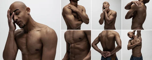 Collage Mit Bildern Afrikanischer Männer Modell Mit Relief Körper Die — Stockfoto