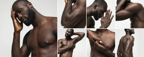 学院与形象英俊的非洲男子 时尚模特与肌肉的身体摆出赤身裸体的白色工作室背景 赤身裸体 男子健康 美容美发 身体和皮肤护理 健康的概念 — 图库照片