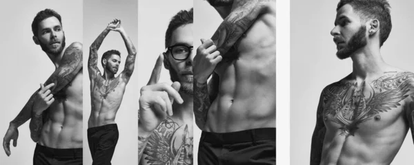 配上灰色工作室背景的男性时尚模特形象和救济身体的学院 男人装扮成赤身裸体纹身的身体艺术 黑人和白人 男子健康 广告的概念 — 图库照片