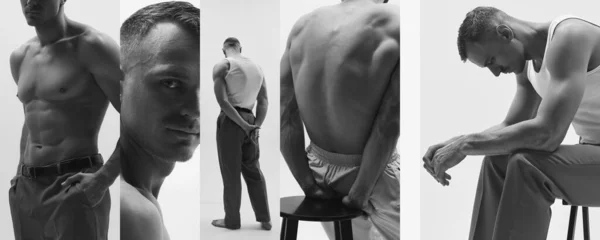 男性のファッションモデルのイメージとのコラージュは スタジオの背景に無限に隔離されたポーズ筋肉質の救済体を持つ 黒と白だ メンズヘルス 美しさ ボディ スキンケア フィットネスの概念 — ストック写真