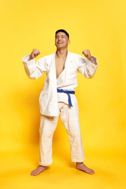 Kazandım. Neşeli bir adamın portresi, tekvando, beyaz kimono giyen karate atleti sarı arka plan için kavga ettikten sonra dinleniyor. Spor, eğitim, beceri, dövüş sanatları, sağlıklı yaşam tarzı kavramı