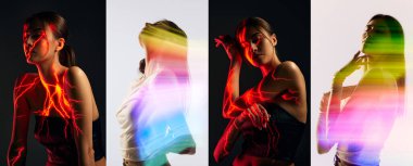 Kişiliğin iki parçası. Genç kız portreleriyle kolaj, beyaz ve koyu arkaplan üzerinde kadın ve vücudunda karışık neon renkli ışık. Çağdaş sanat, güzellik, moda, fütürizm kavramı