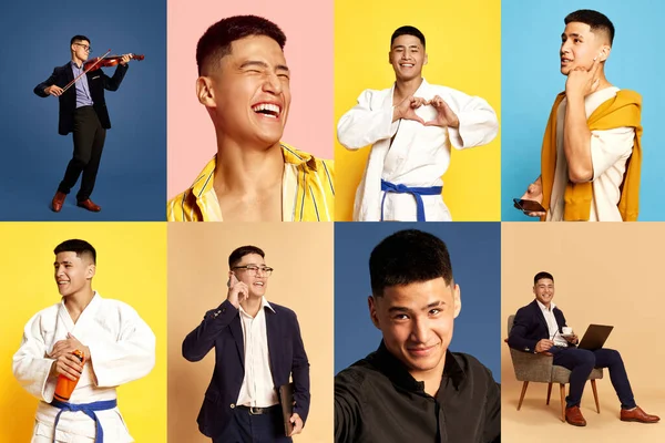Photo Set Collage Portraits Emotional Young Man Diverse Fashion Style —  Fotos de Stock