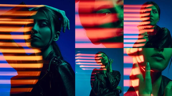 Genç Güzel Kadın Portreleriyle Kolaj Koyu Mavi Arka Planda Neon — Stok fotoğraf