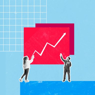 İş analizleri. Şirketin gelir grafiğinin yanında duran ofis çalışanları takımıyla çağdaş sanat kolajı, mavi arka planda ürün. Konsept pazarlama, strateji, planlama, başlangıç, finans, reklam