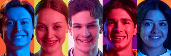 Çeşitli Mutlu Genç Insanların Yüzlerinin Birleşik Görüntüsü Neon Işıklarıyla Neşe — Stok fotoğraf