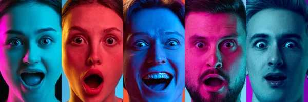 在霓虹灯下 年轻人惊讶的面容 张大嘴在五颜六色的背景下表达震惊的情感 大学生活 情感概念 青年文化 — 图库照片