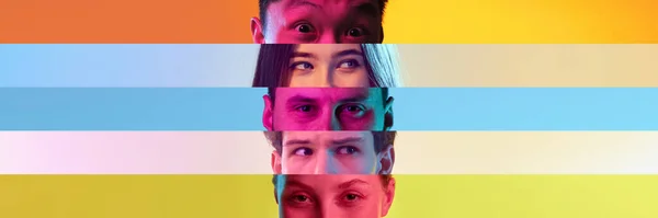 Verspielter Blick Zugeschnittene Männliche Und Weibliche Augen Auf Farbigen Schmalen — Stockfoto