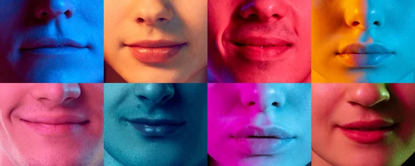 Collage Con Rostros Masculinos Femeninos Cercanos Narices Bocas Sonriendo Sobre — Foto de Stock