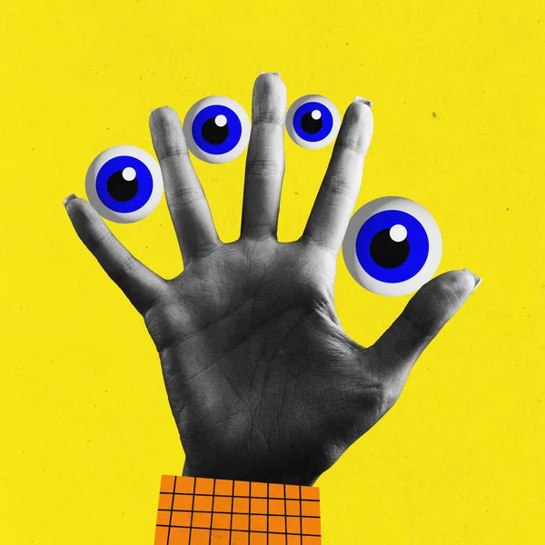 Contemporary art collage of human palm with several eye balls between fingers over yellow color background. Concept of business, career, work, job, deadlines, duties, surrealism, ad