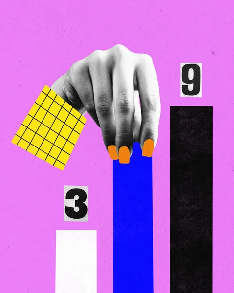 Сучасне Мистецтво Колаж Жіночої Руки Показує Графік Доходів Компанії Фіолетовому — стокове фото