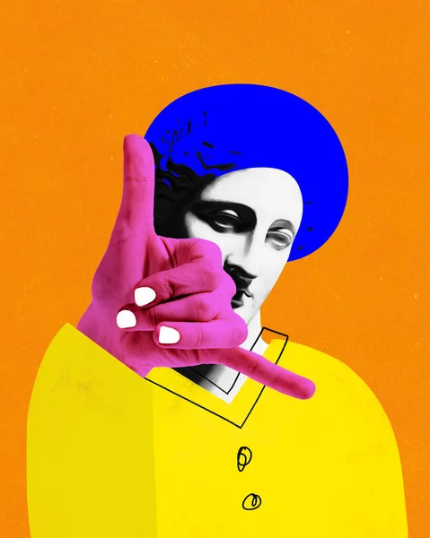 Χέρι Σάκα Σύγχρονη Τέχνη Κολάζ Αρσενικό Πρόσωπο Μιλάμε Μέσω Τηλεφώνου — Φωτογραφία Αρχείου