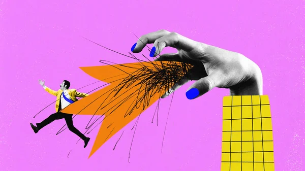 Hedendaagse Kunst Collage Met Gigantische Hand Wil Kantoorbediende Bang Maken — Stockfoto