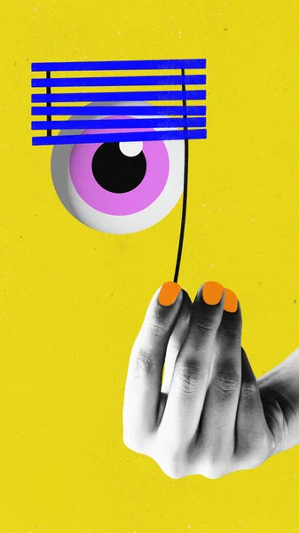 Současné Umění Koláž Ženskou Rukou Drží Obří Oko Přes Žluté — Stock fotografie