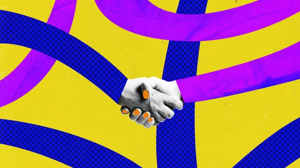 Коллаж Современного Искусства Мужскими Женскими Ладонями Пожимающими Руки Многоцветном Фоне — стоковое фото