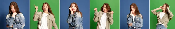 Collage Gjord Modell Porträtt Charmig Flicka Casual Kläder Med Olika — Stockfoto