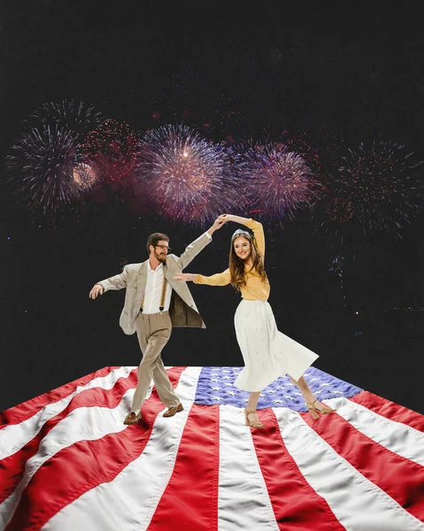 Carte Vœux Collage Art Contemporain Avec Couple Dansant Célébrant Fête — Photo