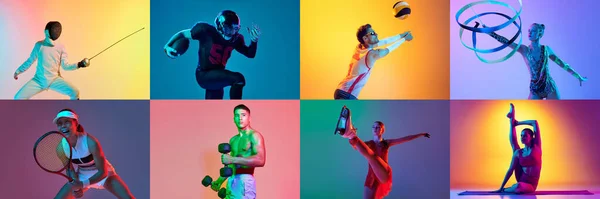 ネオンの光の中で スポーツフェンシング テニス スケート バレーボール 多色の背景のさまざまな種類の若者や女性のグループとのコラージュ アクティブなライフスタイルの概念 — ストック写真