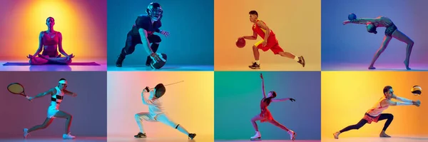 スポーツ世代 動きのテニス スケート ネオンの光の中でマルチカラーの背景にバレーボールでさまざまな種類のスポーツをしている若者や女性とのコラージュ アクティブなライフスタイルの概念 — ストック写真
