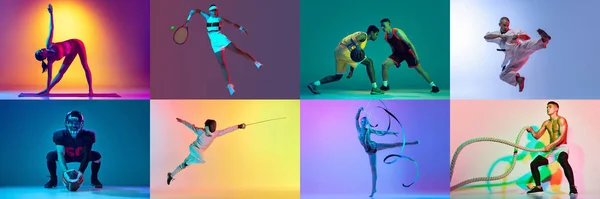 Dinamikus Portrék Férfiakról Nőkről Akik Különböző Sportokat Űznek Mozgásban Harcművészetek — Stock Fotó