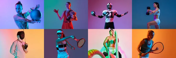 テニス アメリカンフットボール フェンシングをしながら マルチカラーネオンを背景に選手の感情とコラージュイメージ バナーだ アクティブライフスタイル リーダーシップ 広告の概念 — ストック写真