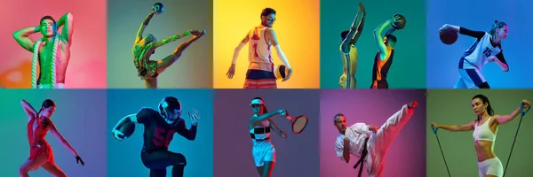 プロスポーツの人々とコラージュ 男性と女性のトレーニングフェンシング テニス バスケットボール マルチカラーネオンの背景にフィットネス アクティブライフスタイル 広告コンセプト — ストック写真