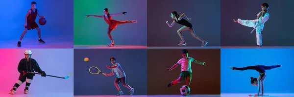 子供スポーツ部門 様々な活動を行う小さなスポーツマンのコラージュテニス ネオンで多色の背景にホッケー 広告のバナー 子供のためのスポーツの概念 — ストック写真