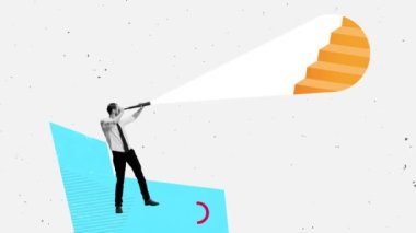 İş kariyeri konsepti. Genç adam teleskopa bakıyor. Hareket animasyonunu durdur. Kariyer geliştirme, kişisel gelişim, motivasyon ve başarı. Kavramsal minimalizm