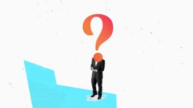 Genç çalışan, takım elbiseli, kafasında telefon yerine soru işareti olan bir adam. Doğru seçimi yapıyorum. İş anlayışı, akıl sağlığı. Minimalist tarzda hareket animasyonunu durdur