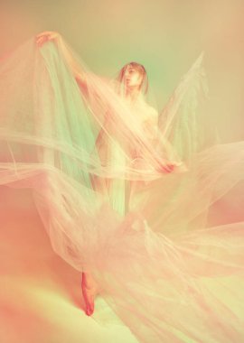 Kadınlık. Şehvetli, hassas, genç bir kadın silueti. Zayıf vücutlu, ıslak, şeffaf kumaşlı, pastel arka planda tek başına duran bir kız. Kadın vücut konseptinin doğal güzelliği