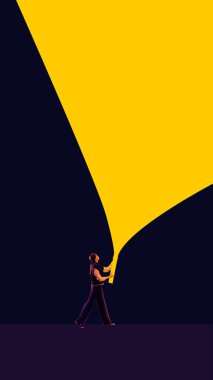 Çağdaş sanat kolajı, dalgın ofis çalışanı, fener tutan kadın ve karanlık mod geçmişiyle ilgili iş sorularına cevap arayan kadın. Meydan okuma kavramı, strateji, doğru karar, ad