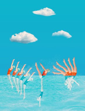 Bir grup sportif kadınla çağdaş sanat kolajı, deniz zemininde suya dalış yapan retro mayo giyen yüzücüler. Sualtı sporu, eğitim, aktif yaşam tarzı, tatil, yaz ve reklam kavramı