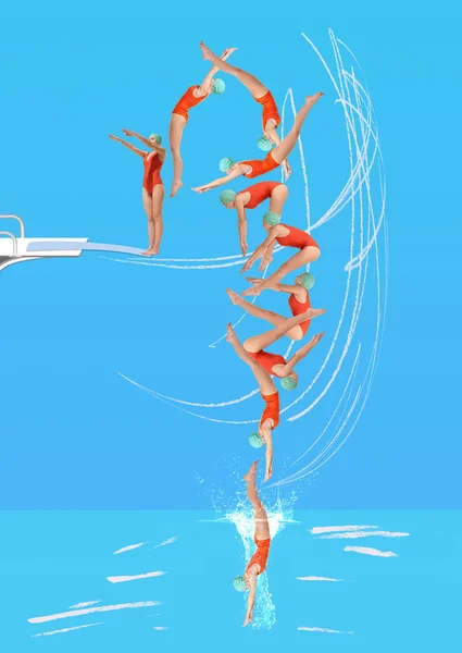 Groepsduiken Hedendaagse Kunst Collage Met Sportieve Vrouwen Meisjes Zwemmers Badpak — Stockfoto