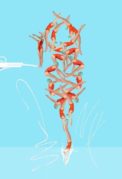 集体竞争 当代艺术拼贴与专业游泳选手 运动型女孩穿着老式泳衣跳入水面背景 广告的概念 — 图库照片