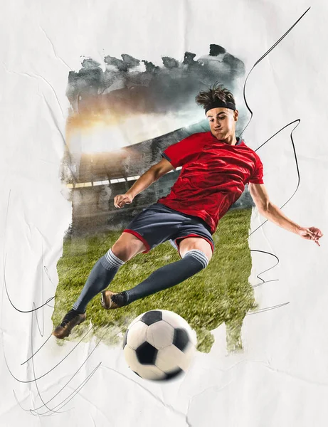 Anotar Gol Collage Arte Con Futbolista Uniforme Pateando Pelota Sobre — Foto de Stock