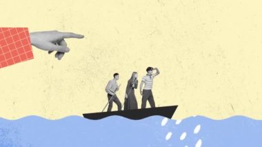 Business team moving in one direction. Contemporary art collage. Motivated and concentrated employees in boat. Concept of teamwork, support, professional growth and motivation