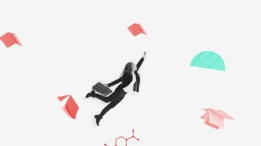 Çağdaş sanat kolajı. Kavramsal görüntü. Genç bir kız, atlayan ve kitap okuyan bir öğrenci. Gelişen bilgiler. Eğitim kavramı, çevrimiçi öğrenim, bilgi geliştirme, bilgi