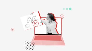 Çağdaş sanat kolajı. Kavramsal görüntü. Genç kız, öğrenci matematik sınavını başarıyla geçti, sunum internette. Eğitim kavramı, çevrimiçi öğrenim, bilgi geliştirme, bilgi