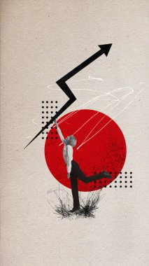 Profitability marks of product. Contemporary art collage with woman trying to increase companys income over light background. Project manager carrying arrow up. Concept of business, motivation, ad clipart