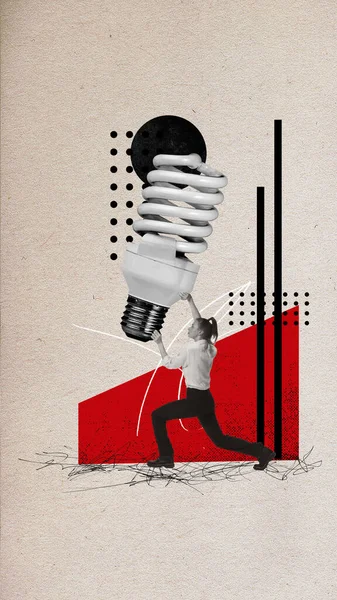 Samtida Konst Collage Med Affärskvinna Håller Enorma Glödlampa Försöker Övervinna — Stockfoto