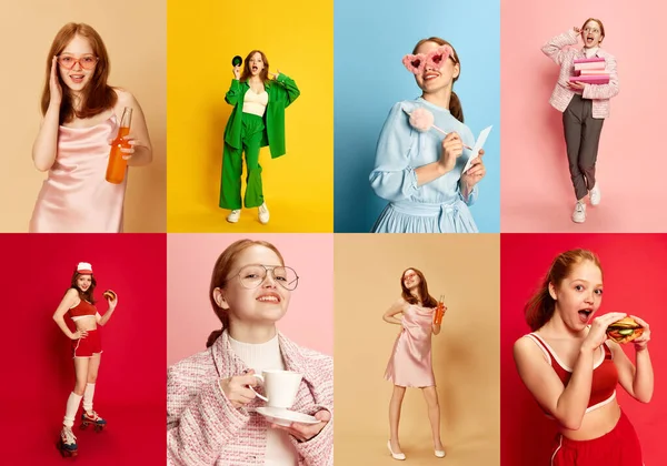 さまざまな活動 対照的なファッションスタイルで余暇時間を行う赤毛の幸せな若い魅力的な女の子とコラージュ アクティブライフスタイル 広告の概念 — ストック写真