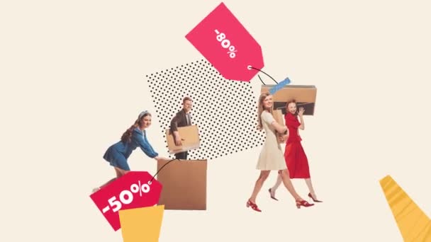 Stoppa Rörelse Animation Ungdomar Som Bär Stora Lådor Lyckad Shopping — Stockvideo