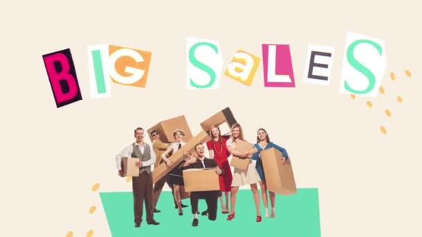 Grupp Glada Ungdomar Med Stora Lådor Lyckad Shopping Billiga Saker — Stockvideo