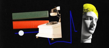 Antika heykel büstü, retro telefon ve karanlık arkaplan üzerine kitaplar olan yaratıcı soyut tasarım. Profesyonel bilgi. Çağdaş sanat kolajı. İş kavramı, sürrealizm, yenilikler, ofis