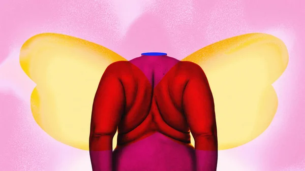 Gesneden Afbeelding Van Vet Overgewicht Vrouwelijk Lichaam Met Illusie Vlinder — Stockfoto